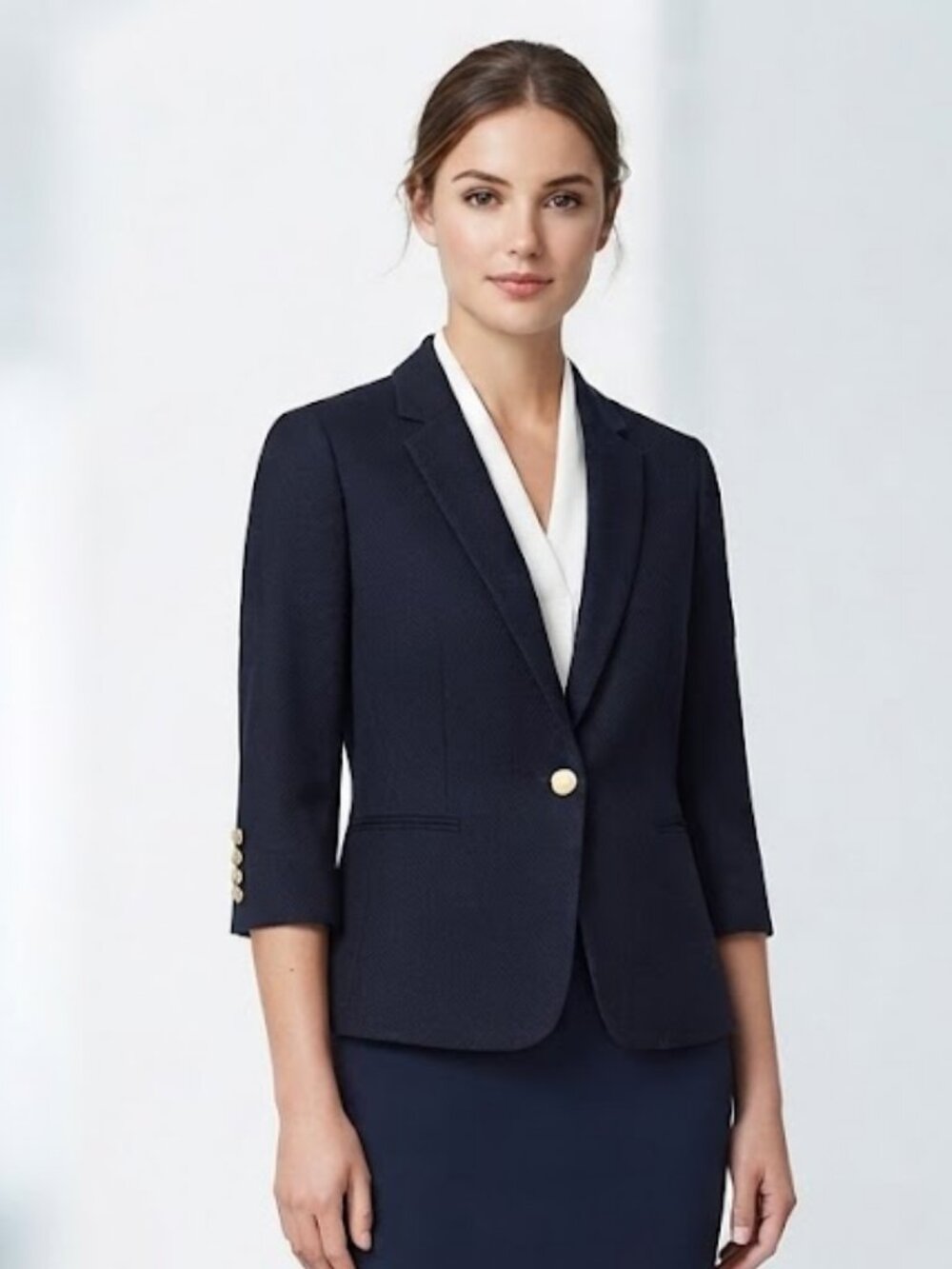 Ann Taylor $159 Navy Textured Cotton Blend Gold Button Blazer Jacket Suit 12
